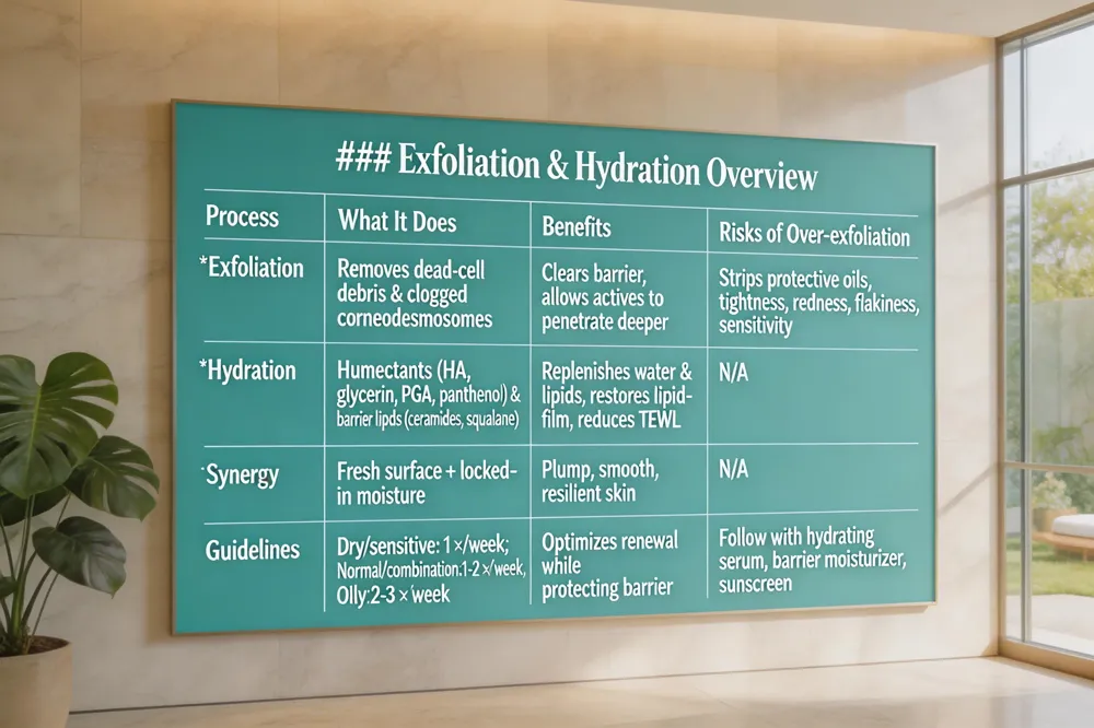 ### Exfoliation & Hydration Overview
| Process | What It Does | Benefits | Risks of Over‑exfoliation |
|---|---|---|---|
| Exfoliation | Removes dead‑cell debris & clogged corneodesmosomes | Clears barrier, allows actives to penetrate deeper | Strips protective oils, leads to tightness, redness, flakiness, sensitivity |
| Hydration | Applies humectants (HA, glycerin, PGA, panthenol) & barrier lipids (ceramides, squalane) | Replenishes water & lipids, restores lipid‑film, reduces TEWL | N/A |
| Synergy | Fresh surface + locked‑in moisture | Plump, smooth, resilient skin | N/A |
| Guidelines | Dry/sensitive: 1 × /week; Normal/combination: 1‑2 × /week; Oily: 2‑3 × /week | Optimizes renewal while protecting barrier | Follow with hydrating serum on damp skin, barrier‑supporting moisturizer, then sunscreen |
| 