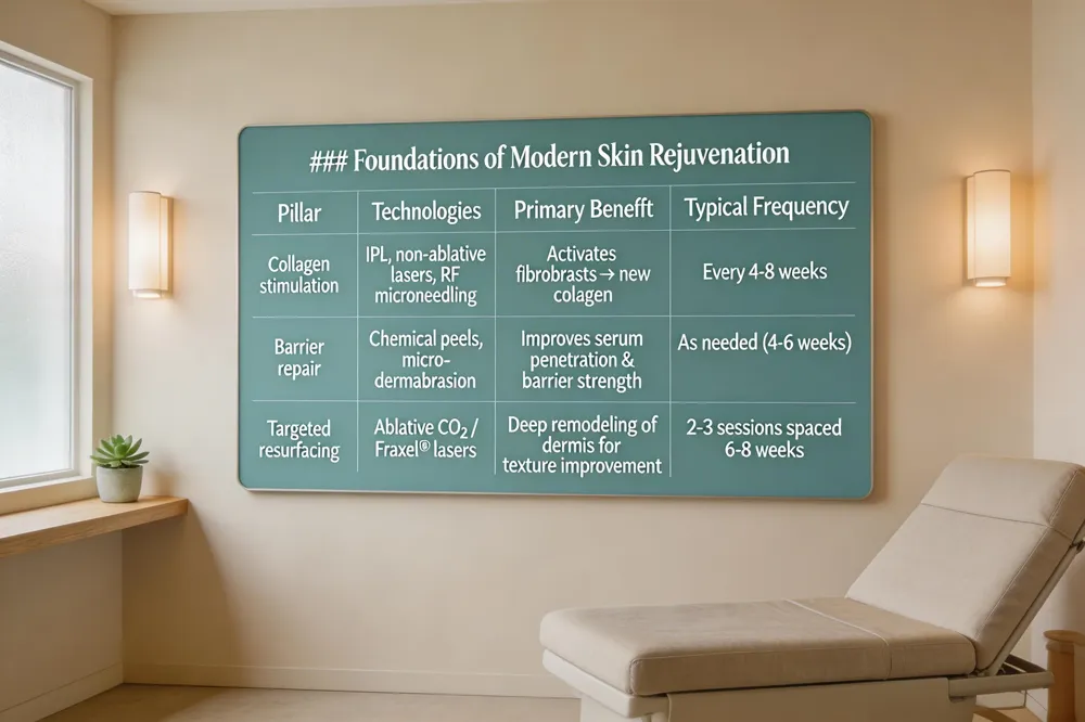 ### Foundations of Modern Skin Rejuvenation
| Pillar | Technologies | Primary Benefit | Typical Frequency |
|---|---|---|---|
| Collagen stimulation | IPL, non‑ablative lasers, RF microneedling | Activates fibroblasts → new collagen | Every 4‑8 weeks |
| Barrier repair | Chemical peels, micro‑dermabrasion | Improves serum penetration & barrier strength | As needed (often 4‑6 weeks) |
| Targeted resurfacing | Ablative CO₂ / Fraxel® lasers | Deep remodeling of dermis for texture improvement | 2‑3 sessions spaced 6‑8 weeks |
| 
