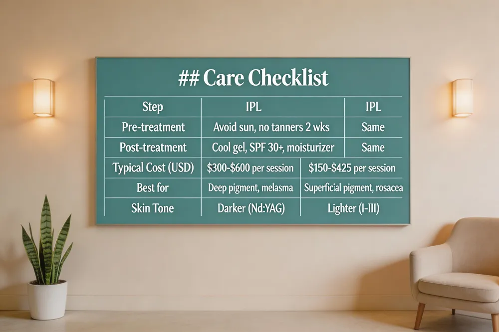 ## Care Checklist
| Step | IPL | IPL |
|---|---|---|
| Pre‑treatment | Avoid sun, no tanners 2 wks | Same |
| Post‑treatment | Cool gel, SPF 30+, moisturizer | Same |
| Typical Cost (USD) | $300‑$600 per session | $150‑$425 per session |
| Best for | Deep pigment, melasma | Superficial pigment, rosacea |
| Skin Tone | Darker (Nd:YAG) | Lighter (I‑III) |
| 