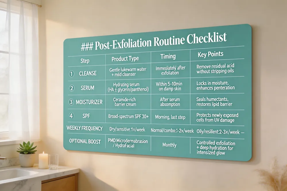 ### Post‑Exfoliation Routine Checklist
| Step | Product Type | Timing | Key Points |
|---|---|---|---|
| 1️⃣ Cleanse | Gentle, lukewarm water + mild cleanser | Immediately after exfoliation | Remove residual acid without stripping oils |
| 2️⃣ Serum | Hydrating serum (HA ± glycerin/panthenol) | Within 5‑10 min on still‑damp skin | Locks in moisture, enhances penetration |
| 3️⃣ Moisturizer | Ceramide‑rich barrier cream | After serum absorption | Seals humectants, restores lipid barrier |
| 4️⃣ SPF | Broad‑spectrum SPF 30+ | Morning, last step | Protects newly exposed cells from UV damage |
| Weekly Frequency | Dry/sensitive: 1 × /week; Normal/combination: 1‑2 × /week; Oily/resilient: 2‑3 × /week | — | Follow same daily hydration steps regardless of frequency |
| Optional Boost | Professional treatment (PMD microdermabrasion or HydraFacial) | Periodic (e.g., monthly) | Combines controlled exfoliation with deep hydration for intensified glow |
| 