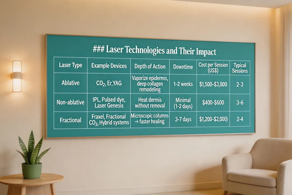 ### Laser Technologies and Their Impact
| Laser Type | Example Devices | Depth of Action | Downtime | Cost per Session (US$) | Typical Sessions |
|---|---|---|---|---|---|
| Ablative | CO₂, Er:YAG | Vaporize epidermis, deep collagen remodeling | 1‑2 weeks | $1,500‑$3,000 | 2‑3 |
| Non‑ablative | IPL, Pulsed dye, Laser Genesis | Heat dermis without removal | Minimal (1‑2 days) | $400‑$600 | 3‑6 |
| Fractional | Fraxel, Fractional CO₂, Hybrid systems | Microscopic columns → faster healing | 3‑7 days | $1,200‑$2,000 | 2‑4 |
| 