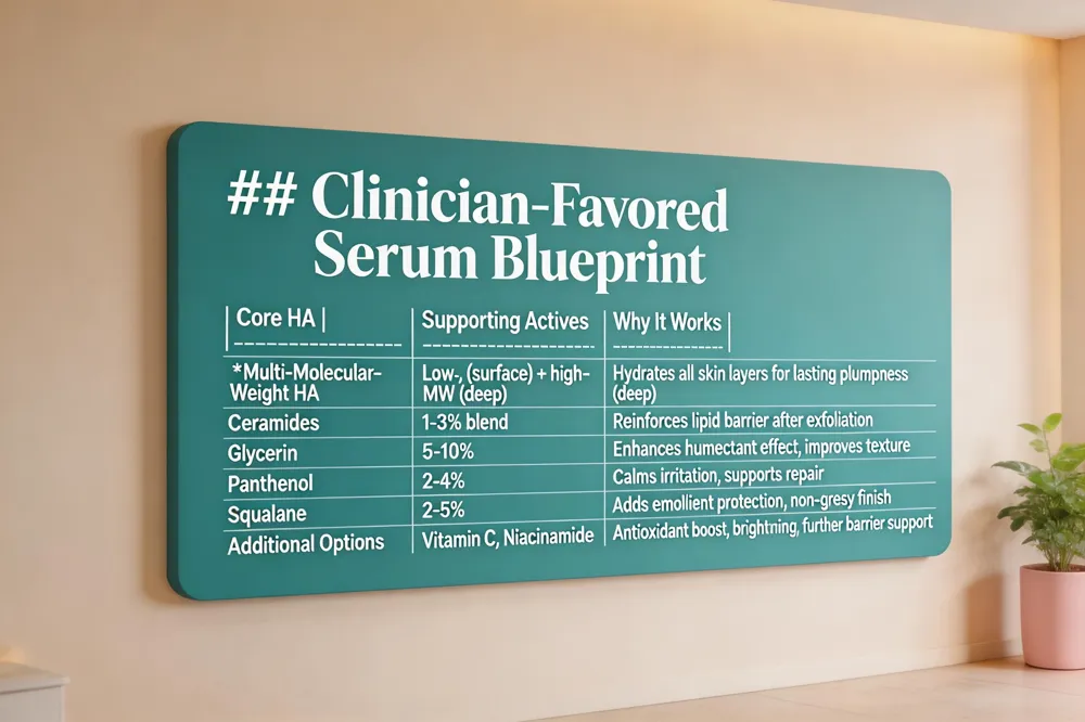 ### Clinician‑Favored Serum Blueprint
| Core HA | Supporting Actives | Why It Works |
|---|---|---|
| Multi‑Molecular‑Weight HA | Low‑, (surface) + high‑MW (deep) | Hydrates all skin layers for lasting plumpness |
| Ceramides | 1‑3 % blend | Reinforces lipid barrier after exfoliation |
| Glycerin | 5‑10 % | Enhances humectant effect, improves texture |
| Panthenol | 2‑4 % | Calms irritation, supports repair |
| Squalane | 2‑5 % | Adds emollient protection, non‑greasy finish |
| Additional Options | Vitamin C, Niacinamide | Antioxidant boost, brightening, further barrier support |
| 