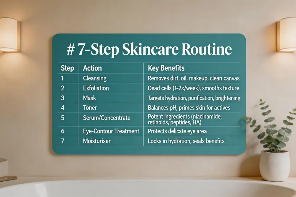 # 7‑Step Skincare Routine
| Step | Action | Key Benefits |
|---|---|---|
| 1 | Cleansing | Removes dirt, oil, makeup; creates a clean canvas |
| 2 | Exfoliation | Eliminates dead cells (1‑2×/week); smooths texture |
| 3 | Mask | Targets specific concerns – hydration, purification, brightening |
| 4 | Toner | Balances pH, primes skin for actives |
| 5 | Serum/Concentrate | Delivers potent ingredients (niacinamide, retinoids, peptides, HA) |
| 6 | Eye‑Contour Treatment | Protects delicate eye area with specialized creams/gels |
| 7 | Moisturiser | Locks in hydration and seals benefits of previous steps |
| 