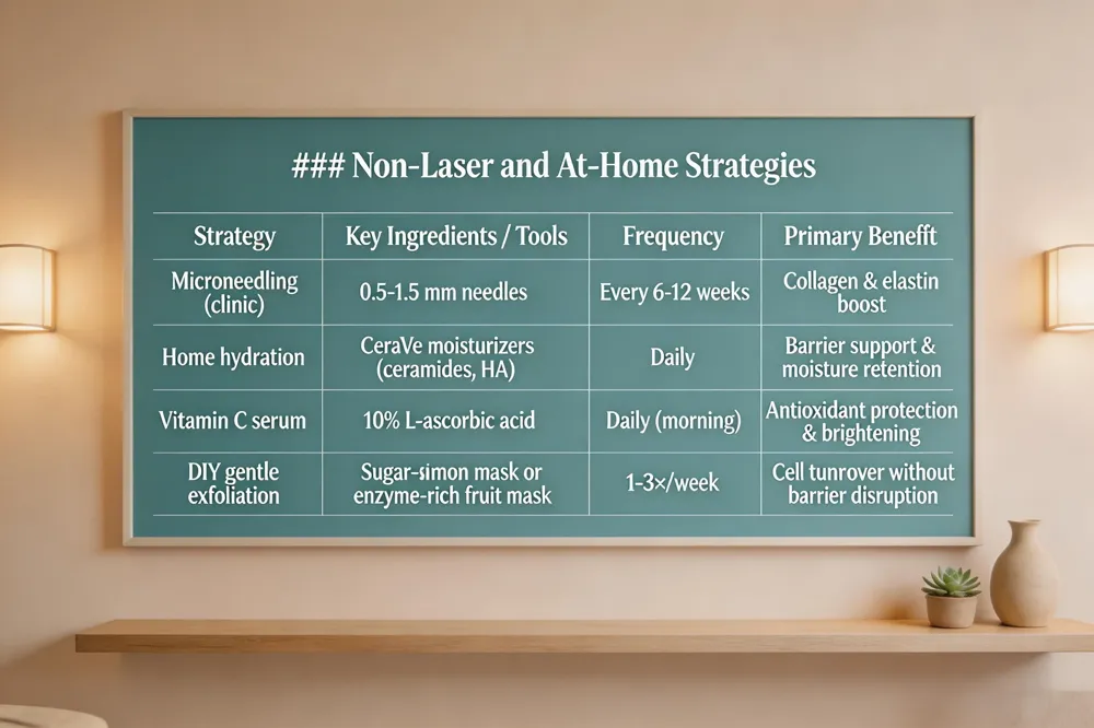 ### Non‑Laser and At‑Home Strategies
| Strategy | Key Ingredients / Tools | Frequency | Primary Benefit |
|---|---|---|---|
| Microneedling (clinic) | 0.5‑1.5 mm needles | Every 6‑12 weeks | Collagen & elastin boost |
| Home hydration | CeraVe moisturizers (ceramides, HA) | Daily | Barrier support & moisture retention |
| Vitamin C serum | 10 % L‑ascorbic acid | Daily (morning) | Antioxidant protection & brightening |
| DIY gentle exfoliation | Sugar‑lemon mask or enzyme‑rich fruit mask | 1‑3×/week | Cell turnover without barrier disruption |
| 