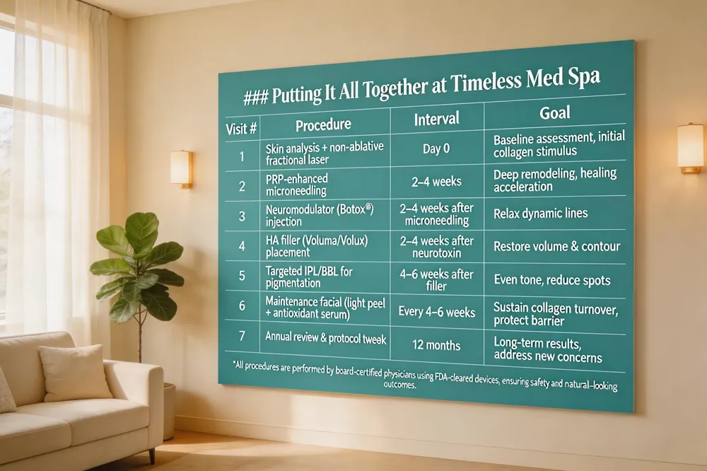 ### Putting It All Together at Timeless Med Spa
| Visit # | Procedure | Interval | Goal |
|---|---|---|---|
| 1 | Skin analysis + non‑ablative fractional laser | Day 0 | Baseline assessment, initial collagen stimulus |
| 2 | PRP‑enhanced microneedling | 2–4 weeks | Deep remodeling, healing acceleration |
| 3 | Neuromodulator (Botox®) injection | 2–4 weeks after microneedling | Relax dynamic lines |
| 4 | HA filler (Voluma/Volux) placement | 2–4 weeks after neurotoxin | Restore volume & contour |
| 5 | Targeted IPL/BBL for pigmentation | 4–6 weeks after filler | Even tone, reduce spots |
| 6 | Maintenance facial (light peel + antioxidant serum) | Every 4–6 weeks | Sustain collagen turnover, protect barrier |
| 7 | Annual review & protocol tweak | 12 months | Long‑term results, address new concerns |
All procedures are performed by board‑certified physicians using FDA‑cleared devices, ensuring safety and natural‑looking outcomes.