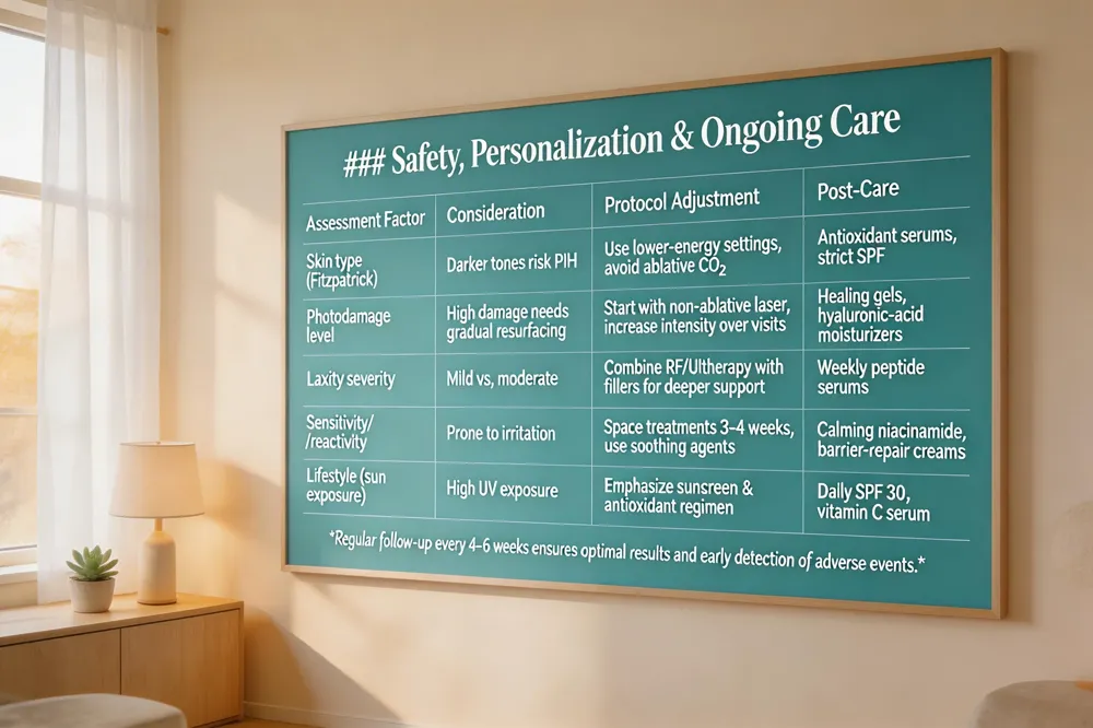 ### Safety, Personalization & Ongoing Care
| Assessment Factor | Consideration | Protocol Adjustment | Post‑Care |
|---|---|---|---|
| Skin type (Fitzpatrick) | Darker tones risk PIH | Use lower‑energy settings, avoid ablative CO₂ | Antioxidant serums, strict SPF |
| Photodamage level | High damage needs gradual resurfacing | Start with non‑ablative laser, increase intensity over visits | Healing gels, hyaluronic‑acid moisturizers |
| Laxity severity | Mild vs. moderate | Combine RF/Ultherapy with fillers for deeper support | Weekly peptide serums |
| Sensitivity/reactivity | Prone to irritation | Space treatments 3–4 weeks, use soothing agents | Calming niacinamide, barrier‑repair creams |
| Lifestyle (sun exposure) | High UV exposure | Emphasize sunscreen & antioxidant regimen | Daily SPF 30+, vitamin C serum |
Regular follow‑up every 4–6 weeks ensures optimal results and early detection of adverse events.