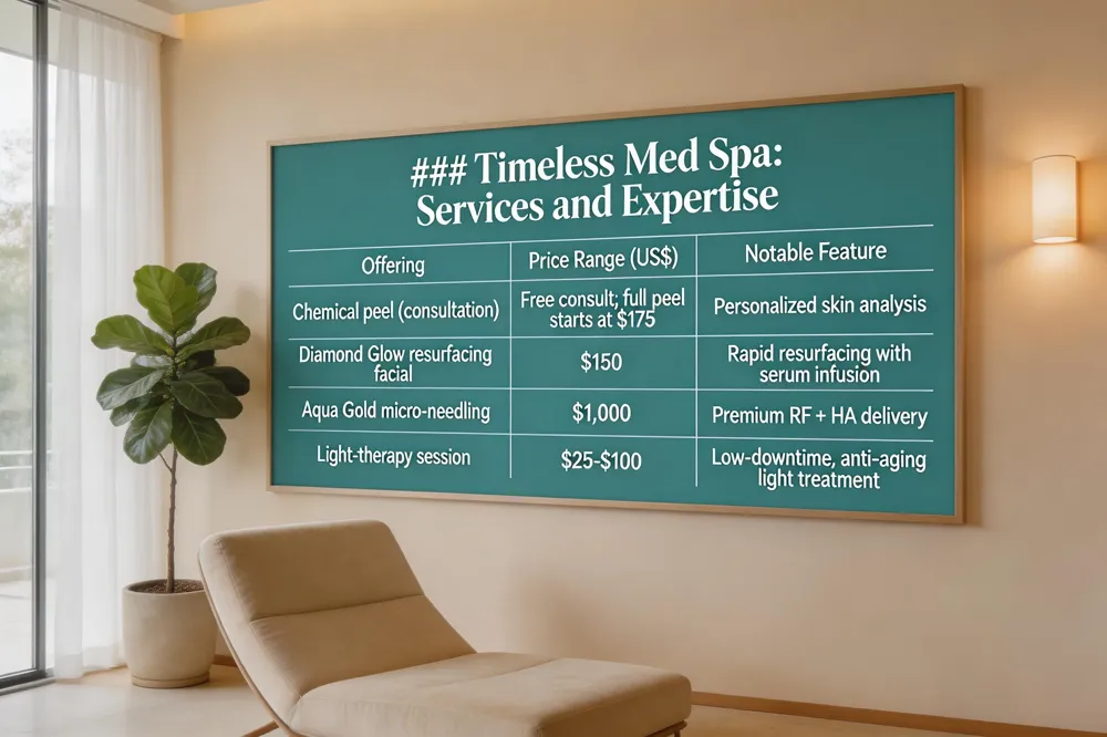 ### Timeless Med Spa: Services and Expertise
| Offering | Price Range (US$) | Notable Feature |
|---|---|---|
| Chemical peel (consultation) | Free consult; full peel starts at $175 | Personalized skin analysis |
| Diamond Glow resurfacing facial | $150 | Rapid resurfacing with serum infusion |
| Aqua Gold micro‑needling | $1,000 | Premium RF + HA delivery |
| Light‑therapy session | $25‑$100 | Low‑downtime, anti‑aging light treatment |
| 