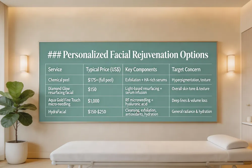 ### Personalized Facial Rejuvenation Options
| Service | Typical Price (US$) | Key Components | Target Concern |
|---|---|---|---|
| Chemical peel | $175+ (full peel) | Exfoliation + HA‑rich serums | Hyperpigmentation, texture |
| Diamond Glow resurfacing facial | $150 | Light‑based resurfacing + serum infusion | Overall skin tone & texture |
| Aqua Gold Fine Touch micro‑needling | $1,000 | RF microneedling + hyaluronic acid | Deep lines & volume loss |
| HydraFacial | $150‑$250 | Cleansing, exfoliation, antioxidants, hydration | General radiance & hydration |
| 