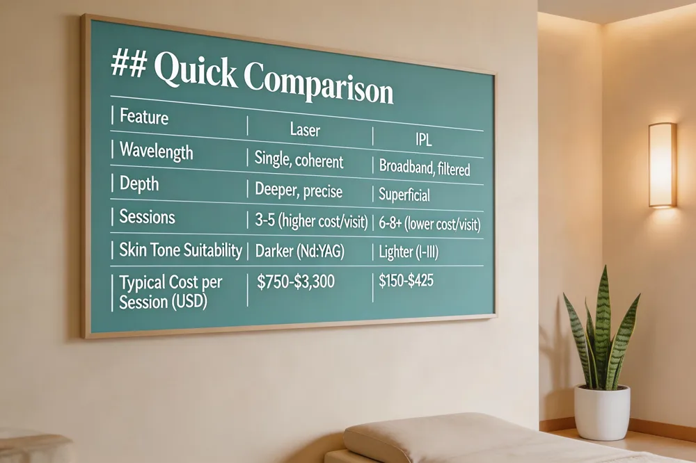 ## Quick Comparison
| Feature | Laser | IPL |
|---|---|---|
| Wavelength | Single, coherent | Broadband, filtered |
| Depth | Deeper, precise | Superficial |
| Sessions | 3‑5 (higher cost/visit) | 6‑8+ (lower cost/visit) |
| Skin Tone Suitability | Darker (Nd:YAG) | Lighter (I‑III) |
| Typical Cost per Session (USD) | $750‑$3,300 | $150‑$425 |
| 