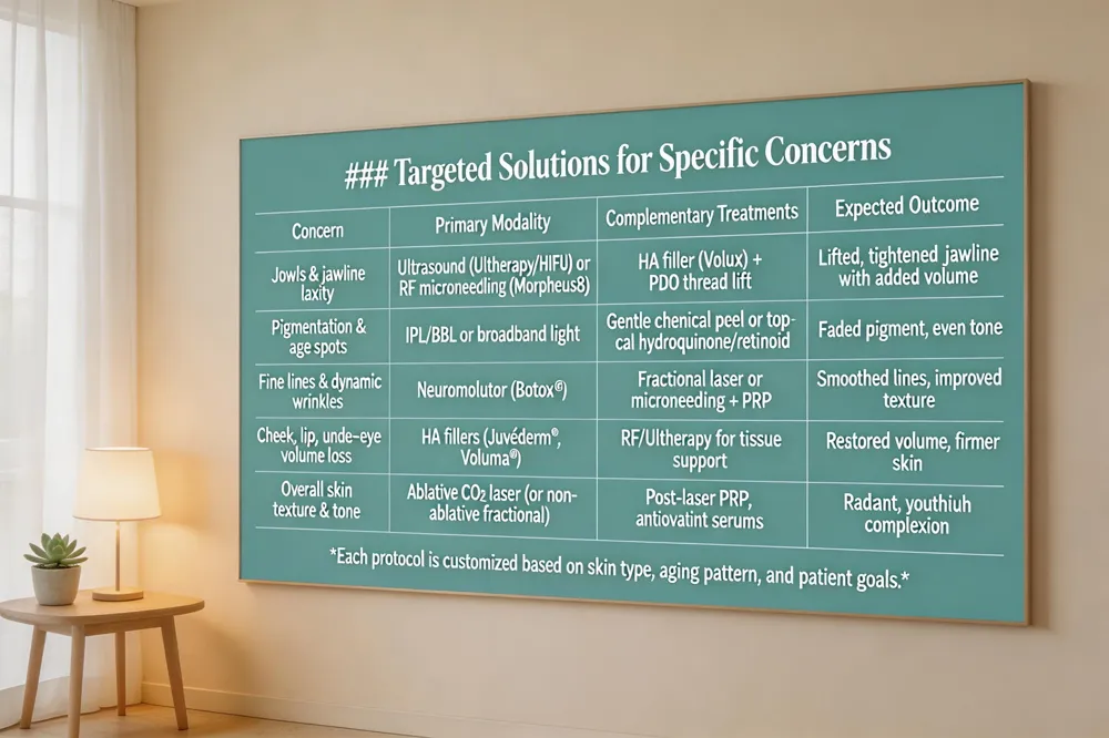 ### Targeted Solutions for Specific Concerns
| Concern | Primary Modality | Complementary Treatments | Expected Outcome |
|---|---|---|---|
| Jowls & jawline laxity | Ultrasound (Ultherapy/HIFU) or RF microneedling (Morpheus8) | HA filler (Volux) + PDO thread lift | Lifted, tightened jawline with added volume |
| Pigmentation & age spots | IPL/BBL or broadband light | Gentle chemical peel or topical hydroquinone/retinoid | Faded pigment, even tone |
| Fine lines & dynamic wrinkles | Neuromodulator (Botox®) | Fractional laser or microneedling + PRP | Smoothed lines, improved texture |
| Cheek, lip, under‑eye volume loss | HA fillers (Juvéderm®, Voluma®) | RF/Ultherapy for tissue support | Restored volume, firmer skin |
| Overall skin texture & tone | Ablative CO₂ laser (or non‑ablative fractional) | Post‑laser PRP, antioxidant serums | Radiant, youthful complexion |
Each protocol is customized based on skin type, aging pattern, and patient goals.