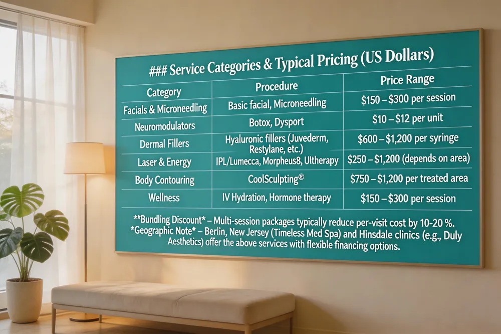 ### Service Categories & Typical Pricing (US Dollars)
| Category | Procedure | Price Range |
|---|---|---|
| Facials & Microneedling | Basic facial, Microneedling | $150 – $300 per session |
| Neuromodulators | Botox, Dysport | $10 – $12 per unit |
| Dermal Fillers | Hyaluronic fillers (Juvederm, Restylane, etc.) | $600 – $1,200 per syringe |
| Laser & Energy | IPL/Lumecca, Morpheus8, Ultherapy | $250 – $1,200 (depends on area) |
| Body Contouring | CoolSculpting® | $750 – $1,200 per treated area |
| Wellness | IV Hydration, Hormone therapy | $150 – $300 per session |
Bundling Discount – Multi‑session packages typically reduce per‑visit cost by 10‑20 %.
Geographic Note – Berlin, New Jersey (Timeless Med Spa) and Hinsdale clinics (e.g., Duly Aesthetics) offer the above services with flexible financing options.