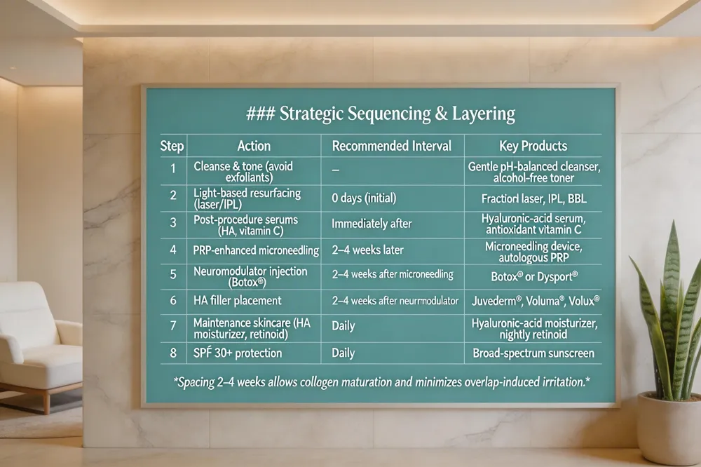### Strategic Sequencing & Layering
| Step | Action | Recommended Interval | Key Products |
|---|---|---|---|
| 1 | Cleanse & tone (avoid exfoliants) | – | Gentle pH‑balanced cleanser, alcohol‑free toner |
| 2 | Light‑based resurfacing (laser/IPL) | 0 days (initial) | Fractional laser, IPL, BBL |
| 3 | Post‑procedure serums (HA, vitamin C) | Immediately after | Hyaluronic‑acid serum, antioxidant vitamin C |
| 4 | PRP‑enhanced microneedling | 2–4 weeks later | Microneedling device, autologous PRP |
| 5 | Neuromodulator injection (Botox®) | 2–4 weeks after microneedling | Botox® or Dysport® |
| 6 | HA filler placement | 2–4 weeks after neuromodulator | Juvederm®, Voluma®, Volux® |
| 7 | Maintenance skincare (HA moisturizer, retinoid) | Daily | Hyaluronic‑acid moisturizer, nightly retinoid |
| 8 | SPF 30+ protection | Daily | Broad‑spectrum sunscreen |
Spacing 2–4 weeks allows collagen maturation and minimizes overlap‑induced irritation.