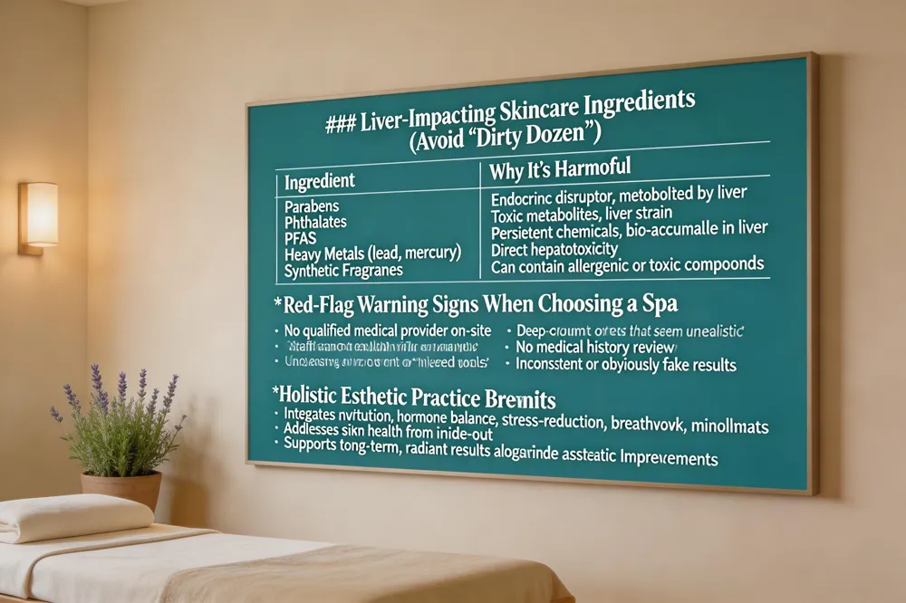 ### Liver‑Impacting Skincare Ingredients (Avoid "Dirty Dozen")
| Ingredient | Why It’s Harmful |
|---|---|
| Parabens | Endocrine disruptor, metabolized by liver |
| Phthalates | Toxic metabolites, liver strain |
| PFAS | Persistent chemicals, bio‑accumulate in liver |
| Heavy Metals (lead, mercury) | Direct hepatotoxicity |
| Synthetic Fragrances | Can contain allergenic or toxic compounds |
Red‑Flag Warning Signs When Choosing a Spa
- No qualified medical provider on‑site
- Staff cannot explain risks or anatomy
- Aggressive upselling or “injectable parties”
- Deep‑discount offers that seem unrealistic
- No medical history review
- Unclean environment or reused tools
- Inconsistent or obviously fake results
Holistic Esthetic Practice Benefits
- Integrates nutrition, hormone balance, stress‑reduction, breathwork, mindfulness
- Addresses skin health from inside‑out
- Supports long‑term, radiant results alongside aesthetic improvements