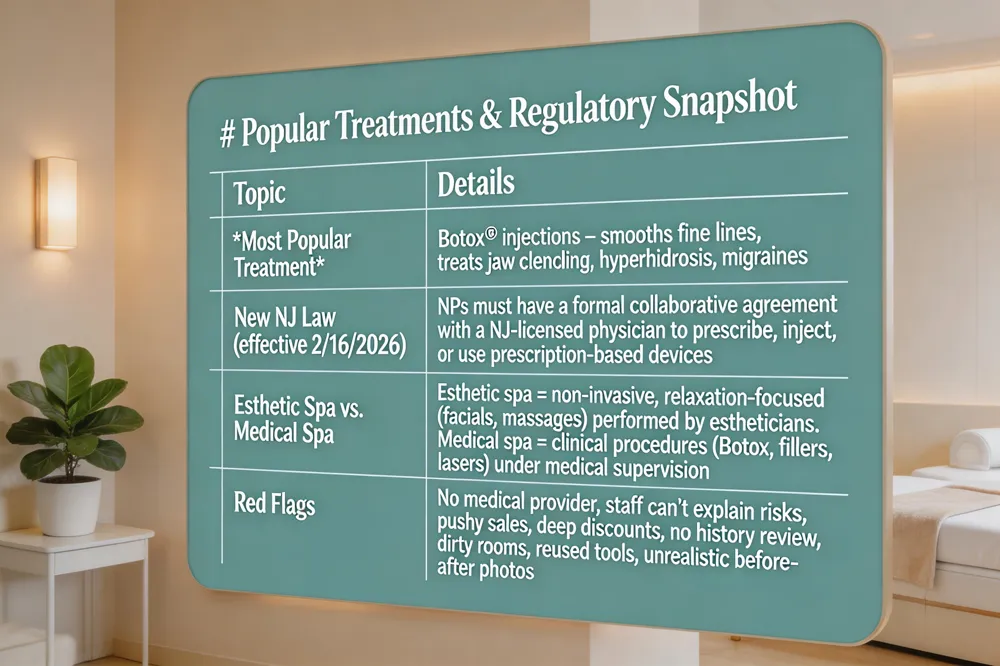 # Popular Treatments & Regulatory Snapshot
| Topic | Details |
|---|---|
| Most Popular Treatment | Botox® injections – smooths fine lines, treats jaw clenching, hyperhidrosis, migraines |
| New NJ Law (effective 2/16/2026) | NPs must have a formal collaborative agreement with a NJ‑licensed physician to prescribe, inject, or use prescription‑based devices |
| Esthetic Spa vs. Medical Spa | Esthetic spa = non‑invasive, relaxation‑focused (facials, massages) performed by estheticians. Medical spa = clinical procedures (Botox, fillers, lasers) under medical supervision |
| Red Flags | No medical provider, staff can’t explain risks, pushy sales, deep discounts, no history review, dirty rooms, reused tools, unrealistic before‑after photos |
| 
