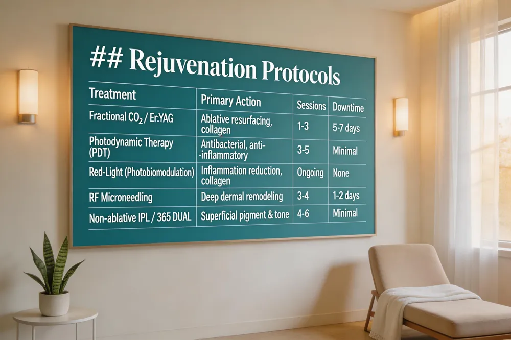 ## Rejuvenation Protocols
| Treatment | Primary Action | Sessions | Downtime |
|---|---|---|---|
| Fractional CO₂ / Er:YAG | Ablative resurfacing, collagen | 1‑3 | 5‑7 days |
| Photodynamic Therapy (PDT) | Antibacterial, anti‑inflammatory | 3‑5 | Minimal |
| Red‑Light (Photobiomodulation) | Inflammation reduction, collagen | Ongoing | None |
| RF Microneedling | Deep dermal remodeling | 3‑4 | 1‑2 days |
| Non‑ablative IPL / 365 DUAL | Superficial pigment & tone | 4‑6 | Minimal |
| 