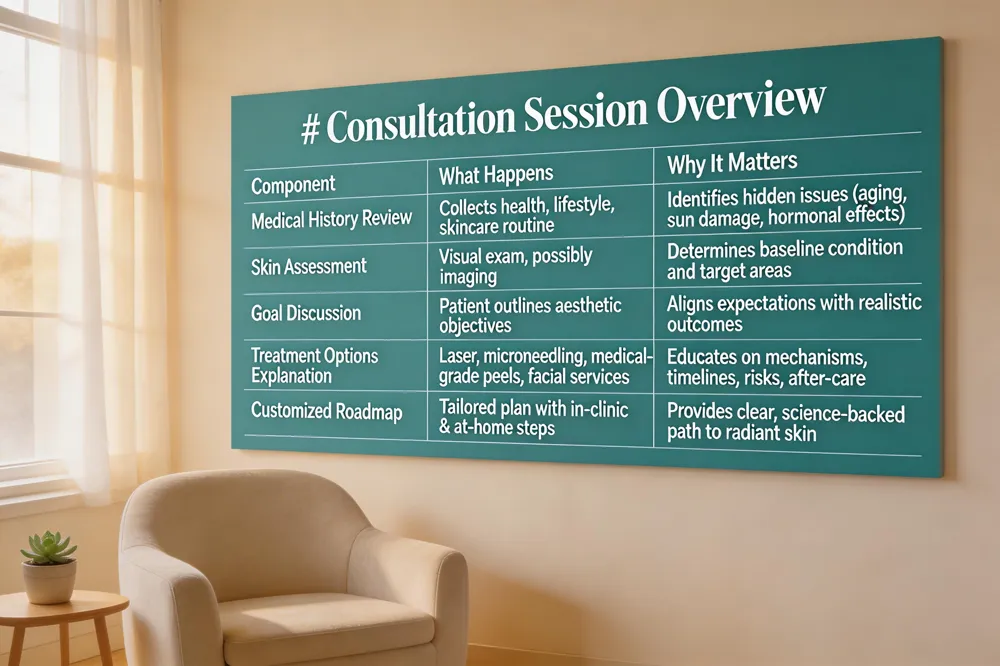 # Consultation Session Overview
| Component | What Happens | Why It Matters |
|---|---|---|
| Medical History Review | Collects health, lifestyle, skincare routine | Identifies hidden issues (aging, sun damage, hormonal effects) |
| Skin Assessment | Visual exam, possibly imaging | Determines baseline condition and target areas |
| Goal Discussion | Patient outlines aesthetic objectives | Aligns expectations with realistic outcomes |
| Treatment Options Explanation | Laser, microneedling, medical‑grade peels, facial services | Educates on mechanisms, timelines, risks, after‑care |
| Customized Roadmap | Tailored plan with at services & at‑home steps | Provides clear, science‑backed path to radiant skin |
| 