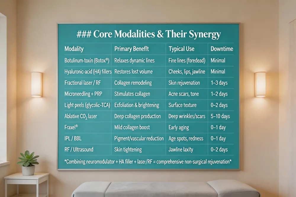 ### Core Modalities & Their Synergy
| Modality | Primary Benefit | Typical Use | Downtime |
|---|---|---|---|
| Botulinum‑toxin (e.g., Botox®) | Relaxes dynamic lines | Fine lines & wrinkles (forehead, glabellar) | Minimal |
| Hyaluronic‑acid (HA) fillers | Restores lost volume | Cheeks, lips, under‑eye, jawline | Minimal |
| Fractional laser / RF resurfacing | Collagen remodeling, texture improvement | Overall skin rejuvenation, pigment | 1–3 days (moderate) |
| Microneedling + PRP | Stimulates collagen, rapid healing | Fine lines, acne scars, tone | 1–2 days |
| Light peels (glycolic‑TCA) | Exfoliation & brightening | Surface texture, hyperpigmentation | 0–2 days |
| Ablative CO₂ laser | Deep collagen/elastin production | Severe texture, deep wrinkles, scars | 5–10 days |
| Non‑ablative fractional laser (Fraxel®) | Mild collagen boost | Early signs of aging | 0–1 day |
| IPL / BBL | Pigment reduction, vascular lesions | Age spots, redness | 0–1 day |
| RF tightening & Ultrasound | Deep dermal heating for laxity | Skin tightening, jawline | 0–2 days |
Combining a neuromodulator + HA filler + laser/FR resurfacing yields the most comprehensive, non‑surgical rejuvenation.