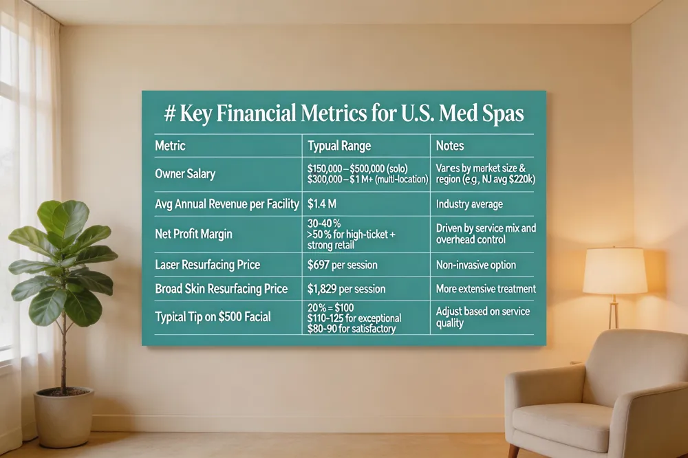 # Key Financial Metrics for U.S. Med Spas
| Metric | Typical Range | Notes |
|---|---|---|
| Owner Salary | $150,000 – $500,000 (solo) <br> $300,000 – $1 M+ (multi‑location) | Varies by market size & region (e.g., NJ avg $320k) |
| Avg Annual Revenue per Facility | $1.4 M | Industry average |
| Net Profit Margin | 30‑40 % <br> >50 % for high‑ticket + strong retail | Driven by service mix and overhead control |
| Laser Resurfacing Price | $697 per session | Non‑invasive option |
| Broad Skin Resurfacing Price | $1,829 per session | More extensive treatment |
| Typical Tip on $500 Facial | 20 % = $100 <br> $110‑$125 for exceptional <br> $80‑$90 for satisfactory | Adjust based on service quality |
| 
