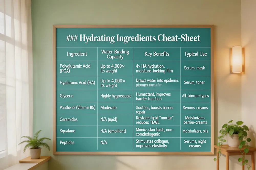 ### Hydrating Ingredients Cheat‑Sheet
| Ingredient | Water‑Binding Capacity | Key Benefits | Typical Use |
|---|---|---|---|
| Polyglutamic Acid (PGA) | Up to 4,000 × its weight | 4× HA hydration, forms moisture‑locking film | Serum, mask |
| Hyaluronic Acid (HA) | Up to 1,000 × its weight | Draws water into epidermis, plumps skin | Serum, toner |
| Glycerin | Highly hygroscopic | Humectant, improves barrier function | All skincare types |
| Panthenol (Vitamin B5) | Moderate | Soothes, boosts barrier repair | Serums, creams |
| Ceramides | N/A (lipid) | Restores lipid “mortar”, reduces TEWL | Moisturizers, barrier‑creams |
| Squalane | N/A (emollient) | Mimics skin lipids, non‑comedogenic, adds shine | Moisturizers, oils |
| Peptides | N/A | Stimulates collagen, improves elasticity | Serums, night creams |
| 