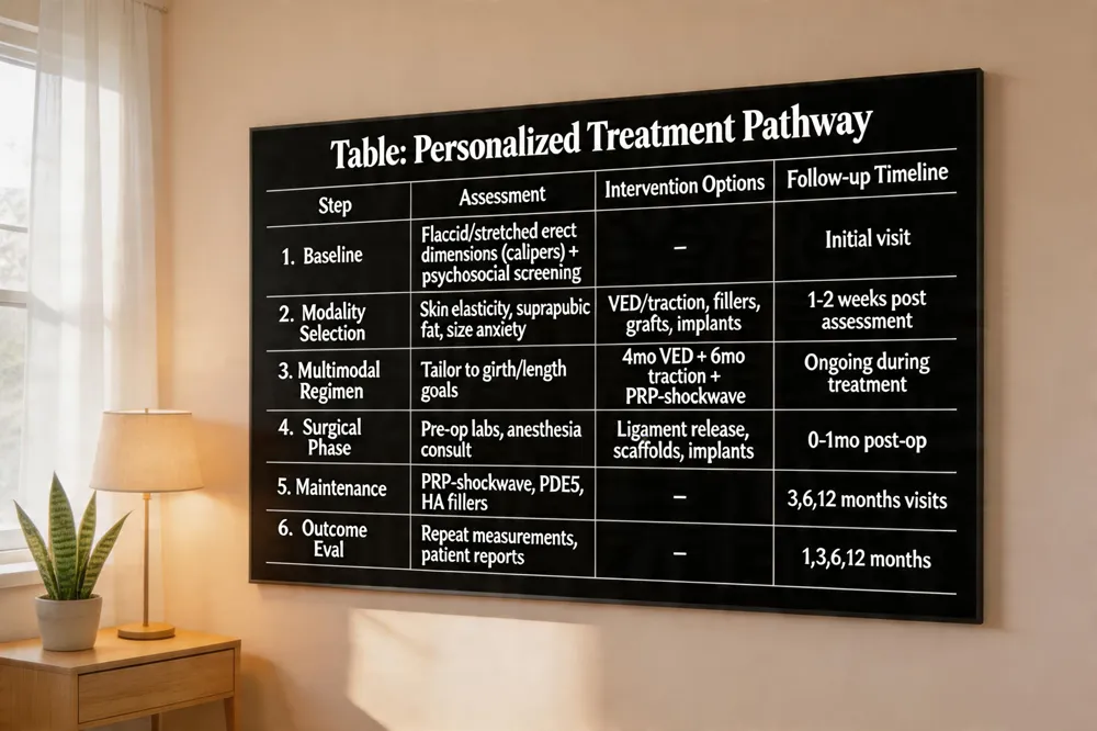 Table: Personalized Treatment Pathway
| Step | Assessment | Intervention Options | Follow‑up Timeline |
|---|---|---|---|
| 1. Baseline measurement | Flaccid, stretched, pharmacologically induced erect dimensions (calipers) + psychosocial screening | – | Initial visit |
| 2. Modality selection | Evaluate skin elasticity, suprapubic fat, BDD/size‑anxiety | VED/traction, fillers, PLGA scaffold, fat graft, silicone implant, combined surgery | 1‑2 weeks after assessment |
| 3. Multimodal regimen | Tailor to goals (girth vs length) | Example: 4 mo VED + 6 mo traction + PRP‑plus‑shockwave + optional anti‑LOX oral | Ongoing during treatment |
| 4. Surgical phase (if chosen) | Pre‑op labs, anesthesia consult | Suspensory ligament release, PLGA scaffold, HADM, Penuma implant | 0‑1 month post‑op |
| 5. Maintenance | Periodic PRP‑shockwave, low‑dose PDE5, repeat HA filler as needed | – | 3, 6, 12 months visits |
| 6. Outcome evaluation | Repeat measurements, patient‑reported outcome measures | – | 1, 3, 6, 12 months |
