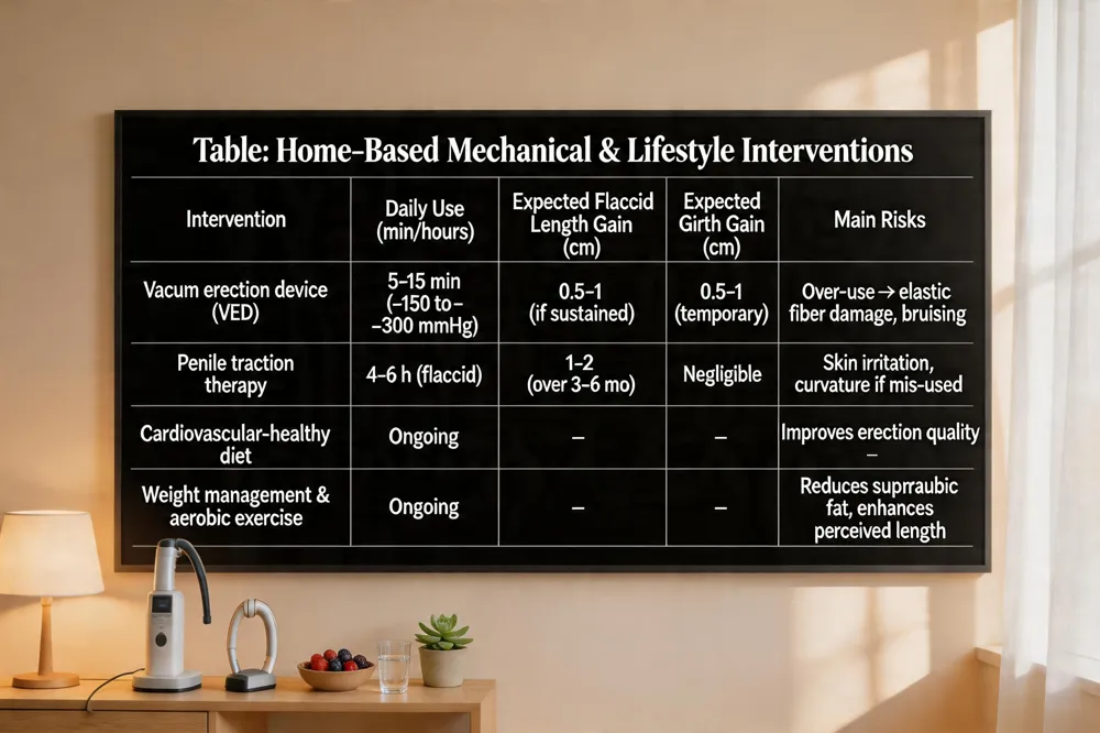 Table: Home‑Based Mechanical & Lifestyle Interventions
| Intervention | Daily Use (min/hours) | Expected Flaccid Length Gain (cm) | Expected Girth Gain (cm) | Main Risks |
|---|---|---|---|---|
| Vacuum erection device (VED) | 5–15 min (–150 to –300 mmHg) | 0.5–1 (if sustained) | 0.5–1 (temporary) | Over‑use → elastic fiber damage, bruising |
| Penile traction therapy | 4–6 h (flaccid) | 1–2 (over 3–6 mo) | Negligible | Skin irritation, curvature if mis‑used |
| Cardiovascular‑healthy diet | Ongoing | – | – | Improves erection quality |
| Weight management & aerobic exercise | Ongoing | – | – | Reduces suprapubic fat, enhances perceived length |
