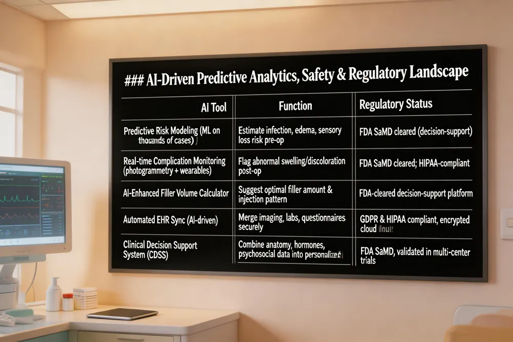 ### AI‑Driven Predictive Analytics, Safety & Regulatory Landscape
| AI Tool | Function | Regulatory Status |
|---|---|---|
| Predictive Risk Modeling (ML on thousands of cases) | Estimate infection, edema, sensory loss risk pre‑op | FDA SaMD cleared (decision‑support) |
| Real‑time Complication Monitoring (photogrammetry + wearables) | Flag abnormal swelling/discoloration post‑op | FDA SaMD cleared; HIPAA‑compliant |
| AI‑Enhanced Filler Volume Calculator | Suggest optimal filler amount & injection pattern | FDA‑cleared decision‑support platform |
| Automated EHR Sync (AI‑driven) | Merge imaging, labs, questionnaires securely | GDPR & HIPAA compliant, encrypted cloud |
| Clinical Decision Support System (CDSS) | Combine anatomy, hormones, psychosocial data into personalized plan | FDA SaMD, validated in multi‑center trials |

