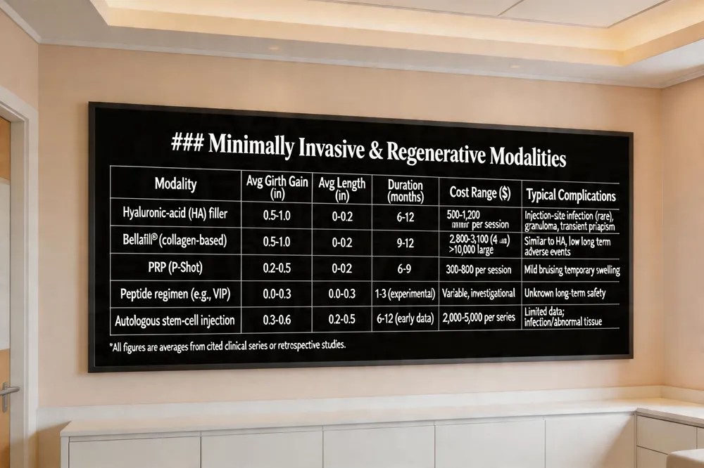 ### Minimally Invasive & Regenerative Modalities
| Modality | Avg Girth Gain (in) | Avg Length Gain (in) | Duration of Effect (months) | Cost Range ($) | Typical Complications |
|---|---|---|---|---|---|
| Hyaluronic‑acid (HA) filler | 0.5‑1.0 | 0‑0.2 | 6‑12 | 500‑1,200 per session | Injection‑site infection (rare), granuloma, transient priapism (resolved with hyaluronidase) |
| Bellafill® (collagen‑based) | 0.5‑1.0 | 0‑0.2 | 9‑12 | 2,800‑3,100 for 4 units; up to >10,000 for larger regimens | Similar to HA; low long‑term adverse events |
| PRP (P‑Shot) | 0.2‑0.5 | 0‑0.2 | 6‑9 | 300‑800 per session | Mild bruising, temporary swelling |
| Peptide regimen (e.g., VIP) | 0.0‑0.3 | 0.0‑0.3 | 1‑3 (experimental) | Variable, often investigational | Unknown long‑term safety |
| Autologous mesenchymal stem‑cell injection | 0.3‑0.6 | 0.2‑0.5 | 6‑12 (early data) | 2,000‑5,000 per series | Limited data; potential for infection or abnormal tissue formation |
*All figures are averages from the cited clinical series or retrospective studies.