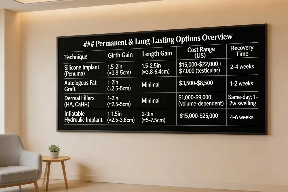 ### Permanent & Long‑Lasting Options Overview
| Technique | Typical Girth Gain | Typical Length Gain | Cost Range (US) | Recovery Time |
|---|---|---|---|---|
| Silicone Implant (Penuma) | 1.5‑2 in (≈3.8‑5 cm) | 1.5‑2.5 in (≈3.8‑6.4 cm) | $15,000‑$22,000 (implant) + $7,000 (testicular) | 2‑4 weeks |
| Autologous Fat Graft | 1‑2 in (≈2.5‑5 cm) | Minimal | $3,500‑$8,500 | 1‑2 weeks |
| Dermal Fillers (HA, CaHA) | 1‑2 in (≈2.5‑5 cm) | Minimal | $1,000‑$9,000 (depends on volume) | Same‑day; 1‑2 weeks for swelling |
| Inflatable Hydraulic Implant | 1‑1.5 in (≈2.5‑3.8 cm) | 2‑3 in (≈5‑7.5 cm) | $15,000‑$25,000 | 4‑6 weeks |
