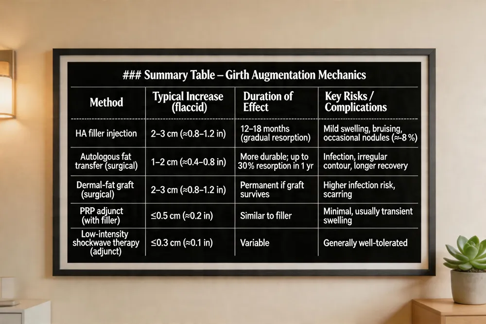 ### Summary Table – Girth Augmentation Mechanics
| Method | Typical Increase (flaccid) | Duration of Effect | Key Risks / Complications |
|---|---|---|---|
| HA filler injection | 2–3 cm (≈0.8–1.2 in) | 12–18 months (gradual resorption) | Mild swelling, bruising, occasional nodules (≈1‑8 %) |
| Autologous fat transfer (surgical) | 1–2 cm (≈0.4–0.8 in) | More durable; up to 30 % resorption in 1 yr | Infection, irregular contour, longer recovery |
| Dermal‑fat graft (surgical) | 2–3 cm (≈0.8–1.2 in) | Permanent if graft survives | Higher infection risk, scarring |
| PRP adjunct (with filler) | ≤0.5 cm (≈0.2 in) | Similar to filler | Minimal, usually transient swelling |
| Low‑intensity shockwave therapy (adjunct) | ≤0.3 cm (≈0.1 in) | Variable | Generally well‑tolerated |
