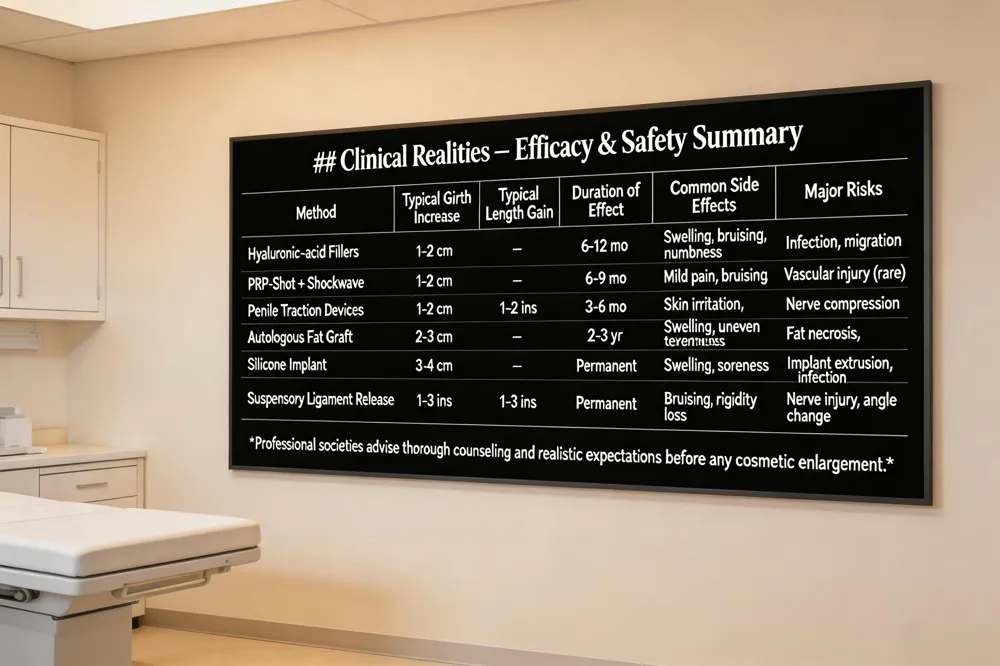 ## Clinical Realities – Efficacy & Safety Summary
| Method | Typical Girth Increase | Typical Length Gain | Duration of Effect | Common Side Effects | Major Risks |
|---|---|---|---|---|---|
| Hyaluronic‑acid Fillers | 1‑2 cm | – | 6‑12 mo (may need repeat) | Swelling, bruising, temporary numbness | Infection, migration of filler |
| PRP‑Shot + Shockwave | 1‑2 cm | – | 6‑9 mo | Mild pain, bruising | Vascular injury (rare) |
| Penile Traction Devices | 1‑2 cm | 1‑2 ins | Continuous use 3‑6 mo | Skin irritation, soreness | Nerve compression if over‑tightened |
| Autologous Fat Graft | 2‑3 cm | – | 2‑3 yr (may resorb) | Swelling, uneven texture | Fat necrosis, infection |
| Silicone Implant | 3‑4 cm | – | Permanent | Initial swelling, soreness | Implant extrusion, infection, scarring |
| Suspensory Ligament Release + Traction | 1‑3 ins (length) | 1‑3 ins | Permanent (with post‑op traction) | Bruising, temporary loss of rigidity | Nerve injury, erectile angle change |
Professional societies advise thorough counseling and realistic expectations before any cosmetic enlargement.