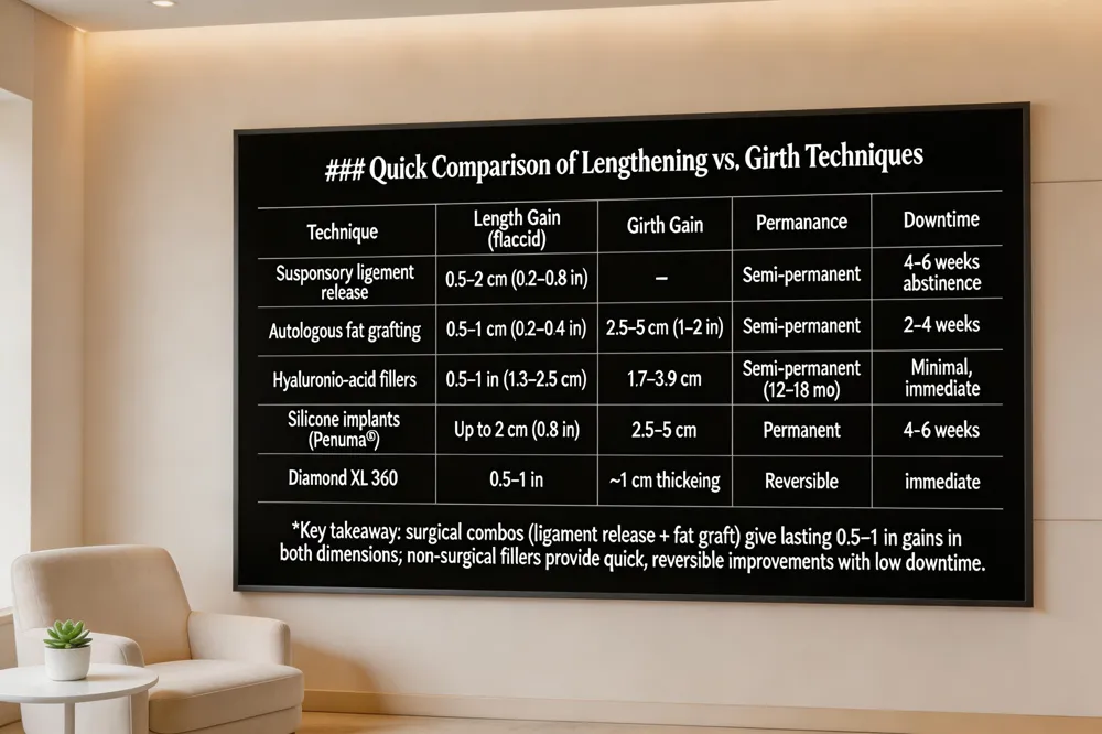 ### Quick Comparison of Lengthening vs. Girth Techniques
| Technique | Typical Length Gain (flaccid) | Typical Girth Gain | Permanence | Approx. Downtime |
|---|---|---|---|---|
| Suspensory ligament release | 0.5–2 cm (0.2–0.8 in) | – | Semi‑permanent (maintains flaccid gain) | 4–6 weeks abstinence |
| Autologous fat grafting | 0.5–1 cm (0.2–0.4 in) | 2.5–5 cm (1–2 in) | Semi‑permanent (fat resorption possible) | 2–4 weeks |
| Hyaluronic‑acid fillers | 0.5–1 in (1.3–2.5 cm) | 1.7–3.9 cm (0.7–1.5 in) | Semi‑permanent (12–18 mo) | Minimal, immediate |
| Silicone implants (e.g., Penuma®) | Up to 2 cm (0.8 in) | 2.5–5 cm (1–2 in) | Permanent | 4–6 weeks |
| Diamond XL 360 (non‑surgical) | 0.5–1 in (1.3–2.5 cm) | Visible thickening (~1 cm) | Reversible | Immediate |
Key takeaway: surgical combos (ligament release + fat graft) give lasting 0.5–1 in gains in both dimensions but require a short abstinence period; non‑surgical fillers provide quick, reversible improvements with low downtime.