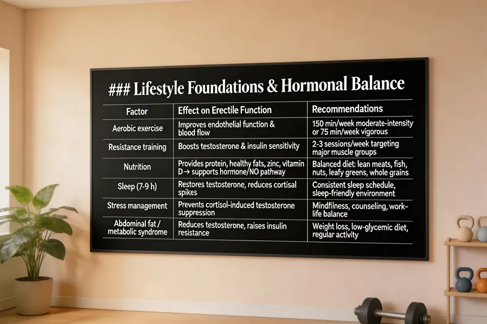 ### Lifestyle Foundations & Hormonal Balance
| Factor | Effect on Erectile Function | Recommendations |
|---|
| Aerobic exercise | Improves endothelial function & blood flow | 150 min/week moderate‑intensity or 75 min/week vigorous ||Resistance training** | Boosts testosterone & insulin sensitivity | 2‑3 sessions/week targeting major muscle groups | | Nutrition | Provides protein, healthy fats, zinc, magnesium, vitamin D & antioxidants → supports NO pathway & hormone balance | Balanced diet rich in lean meats, fish, nuts, leafy greens, whole grains | | Sleep (7‑9 h) | Restores testosterone, reduces cortisol spikes | Consistent sleep schedule, sleep‑friendly environment | | Stress management | Prevents cortisol‑induced testosterone suppression | Mindfulness, counseling, work‑life balance | | Abdominal fat / metabolic syndrome | Increases aromatization of testosterone → estrogen, raises insulin resistance, harms vasculature | Weight loss, low‑glycemic diet, regular activity | 
