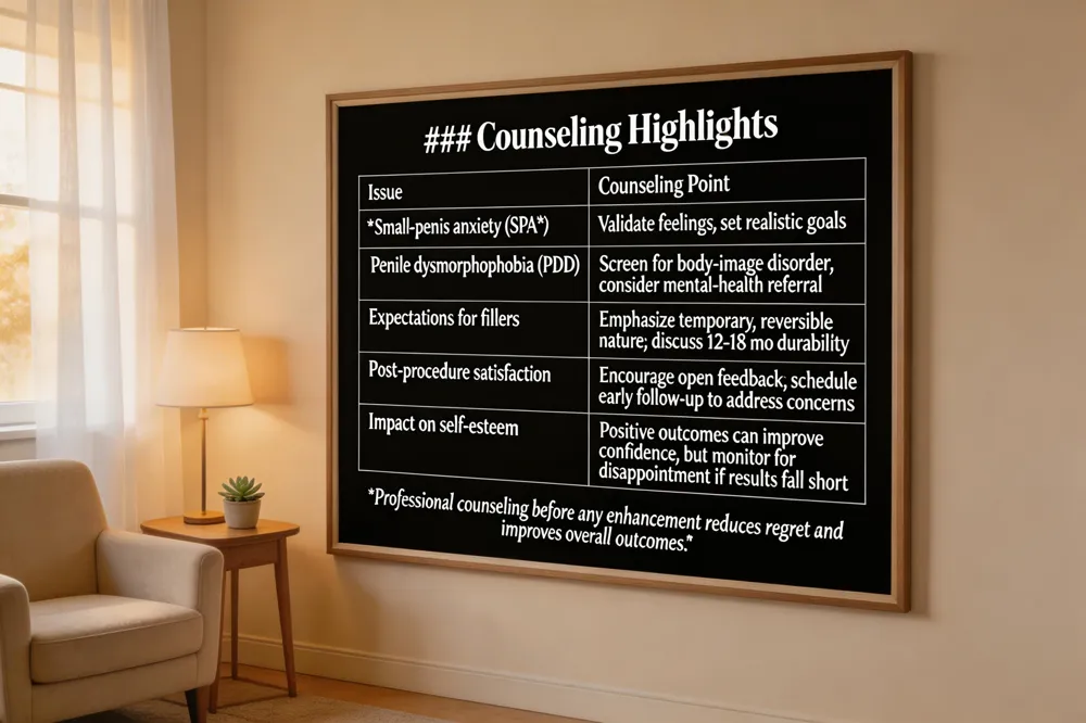 ### Counseling Highlights
| Issue | Counseling Point |
|---|---|
| Small‑penis anxiety (SPA) | Validate feelings, set realistic goals |
| Penile dysmorphophobia (PDD) | Screen for body‑image disorder, consider mental‑health referral |
| Expectations for fillers | Emphasize temporary, reversible nature; discuss 12‑18 mo durability |
| Post‑procedure satisfaction | Encourage open feedback; schedule early follow‑up to address concerns |
| Impact on self‑esteem | Positive outcomes can improve confidence, but monitor for disappointment if results fall short |
Professional counseling before any enhancement reduces regret and improves overall outcomes.