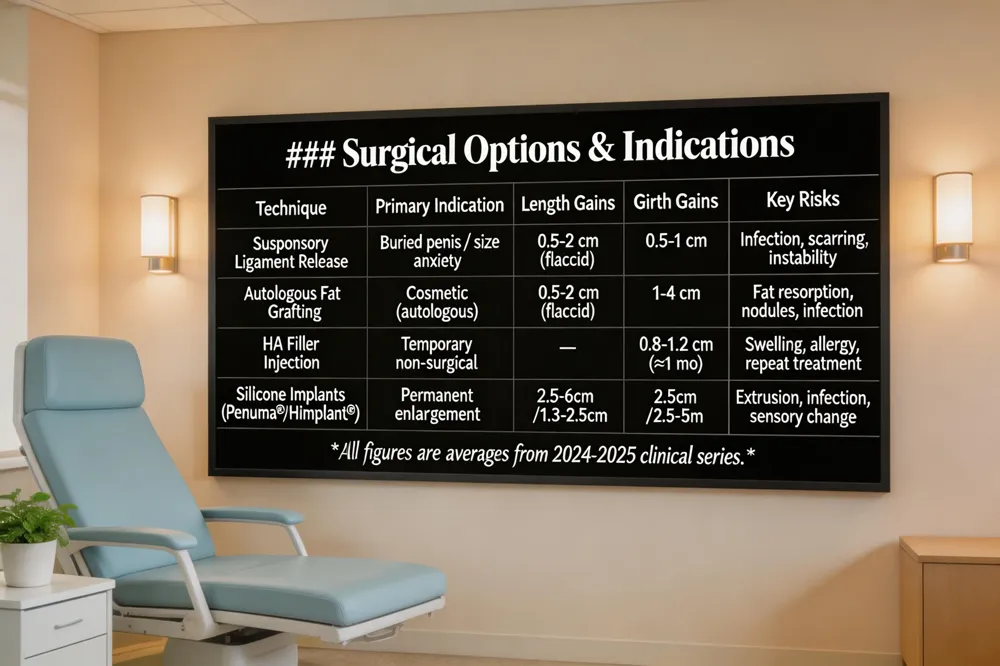 ### Surgical Options & Indications
| Technique | Primary Indication | Typical Gains (Length) | Typical Gains (Girth) | Key Risks | ||
|---|---|---|---|---|---|---|
| Suspensory Ligament Release (Ligamentolysis) | Anatomical concerns (buried penis) or size‑related anxiety after counseling | 0.5‑2 cm (flaccid) | 0.5‑1 cm | Infection, scarring, penile instability if graft not used | ||
| Autologous Fat Grafting | Cosmetic augmentation, patients preferring autologous material | 0.5‑2 cm (flaccid) | 1‑4 cm | Fat resorption, nodules, infection | ||
| Hyaluronic‑Acid Dermal Filler Injection | Temporary girth enhancement, non‑surgical seekers | — | 0.8‑1.2 cm (≈1 mo) | Swelling, allergic reaction, need for repeat treatment | ||
| Silicone Implants (Penuma®, Himplant®) | Permanent cosmetic enlargement, stable support | 1‑2.5 in (2.5‑6 cm) (Penuma®) / 0.5‑1 in (1.3‑2.5 cm) (Himplant®) | ~1 in (2.5 cm) (Penuma®) / 1‑2 in (2.5‑5 cm) (Himplant®) | Implant extrusion, infection, sensory change |
All figures are averages from published 2024‑2025 clinical series.