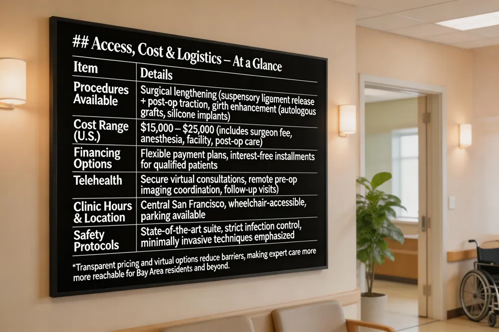 ## Access, Cost & Logistics – At a Glance
| Item | Details |
|---|---|
| Procedures Available | Surgical lengthening (suspensory ligament release + post‑op traction), girth enhancement (autologous grafts, silicone implants) |
| Cost Range (U.S.) | $15,000 – $25,000 (includes surgeon fee, anesthesia, facility, post‑op care) |
| Financing Options | Flexible payment plans, interest‑free installments for qualified patients |
| Telehealth | Secure virtual consultations, remote pre‑op imaging coordination, follow‑up visits |
| Clinic Hours & Location | Central San Francisco, wheelchair‑accessible, parking available |
| Safety Protocols | State‑of‑the‑art suite, strict infection control, minimally invasive techniques emphasized |
Transparent pricing and virtual options reduce barriers, making expert care more reachable for Bay Area residents and beyond.