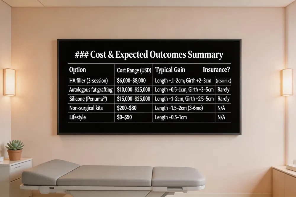 ### Cost & Expected Outcomes Summary
| Option | Cost Range (USD) | Typical Total Gain (Length × Girth) | Insurance Coverage? |
|---|---|---|---|
| HA filler (3‑session course) | $6,000–$8,000 | Length +.1–2 cm; Girth + 2–3 cm | Rarely (cosmetic) |
| Autologous fat grafting | $10,000–$25,000 | Length + 0.5–1 cm; Girth + 3–5 cm | Rarely |
| Silicone implant (Penuma®) | $15,000–$25,000 | Length + 1–2 cm; Girth + 2.5–5 cm | Rarely |
| Non‑surgical traction/vacuum kits | $200–$800 | Length + 1.5–2 cm (requires 3‑6 mo) | N/A |
| Lifestyle (weight loss, Kegels) | $0–$500 (gym, diet) | Length + 0.5–1 cm (fat loss) | N/A |
Realistic expectations: HA fillers give 2‑3 cm cumulative girth increase that feels natural; surgical options can add 3‑5 cm but involve higher cost and risk.