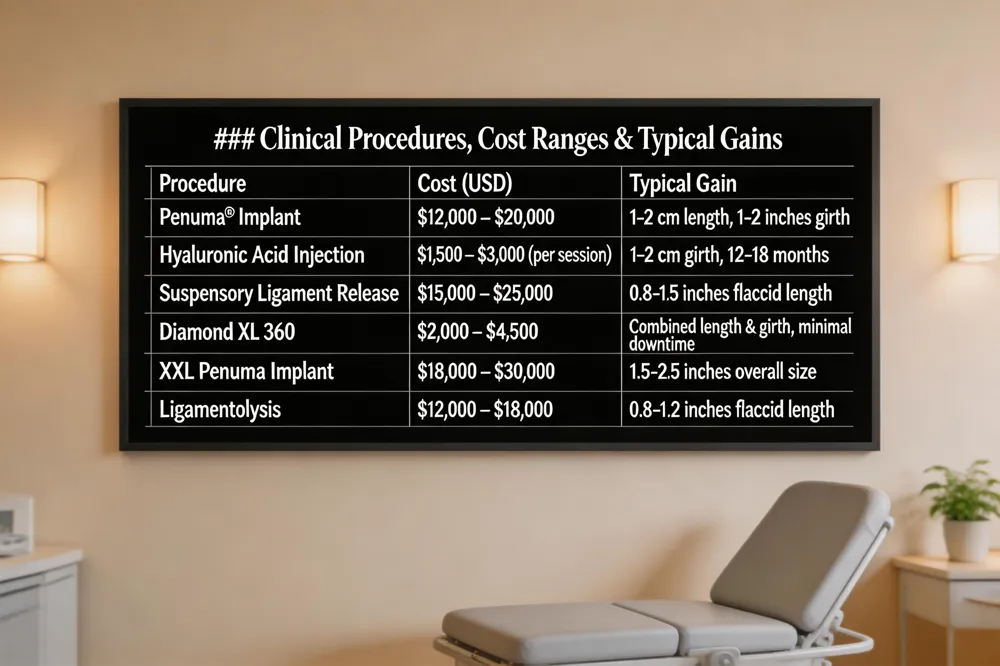 ### Clinical Procedures, Cost Ranges & Typical Gains
| Procedure | Cost (USD) | Typical Gain |
|---|---|---|
| Penuma® Implant | $12,000 – $20,000 | 1‑2 cm length, 1‑2 inches girth increase |
| Hyaluronic Acid Injection | $1,500 – $3,000 (per session) | 1‑2 cm girth, 12‑18 months duration |
| Suspensory Ligament Release | $15,000 – $25,000 | 0.8‑1.5 inches flaccid length gain |
| Diamond XL 360 (dermal filler) | $2,000 – $4,500 | Combined length & girth increase, minimal downtime |
| XXL Penuma Implant | $18,000 – $30,000 | 1.5‑2.5 inches overall size increase |
| Ligamentolysis | $12,000 – $18,000 | 0.8‑1.2 inches flaccid length gain |
