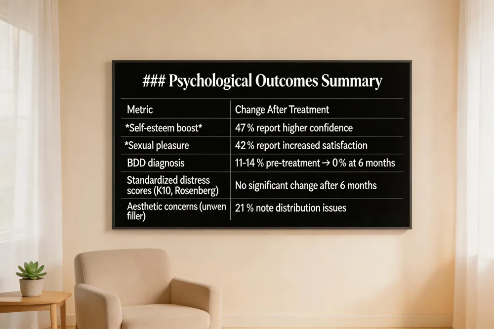 ### Psychological Outcomes Summary
| Metric | Change After Treatment |
|---|---|
| Self‑esteem boost | 47 % report higher confidence |
| Sexual pleasure | 42 % report increased satisfaction |
| BDD diagnosis | 11‑14 % pre‑treatment → 0 % at 6 months |
| Standardized distress scores (K10, Rosenberg) | No significant change after 6 months |
| Aesthetic concerns (uneven filler) | 21 % note distribution issues |

