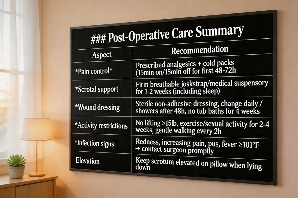 ### Post‑Operative Care Summary
| Aspect | Recommendation |
|---|---|
| Pain control | Prescribed analgesics + cold packs (15 min on/15 min off for first 48‑72 h) |
| Scrotal support | Firm breathable jockstrap or medical‑grade suspensory support continuously for 1‑2 weeks (including sleep) |
| Wound dressing | Sterile non‑adhesive dressing; change daily or when saturated; showers after 48 h, no tub baths for 4 weeks |
| Activity restrictions | No heavy lifting >15 lb, vigorous exercise, or sexual activity for 2‑4 weeks; gentle walking every 2 h |
| Infection signs | Redness spreading, increasing pain, warmth, purulent discharge, fever ≥101 °F – contact surgeon promptly |
| Elevation | Keep scrotum elevated on a pillow when lying down |
