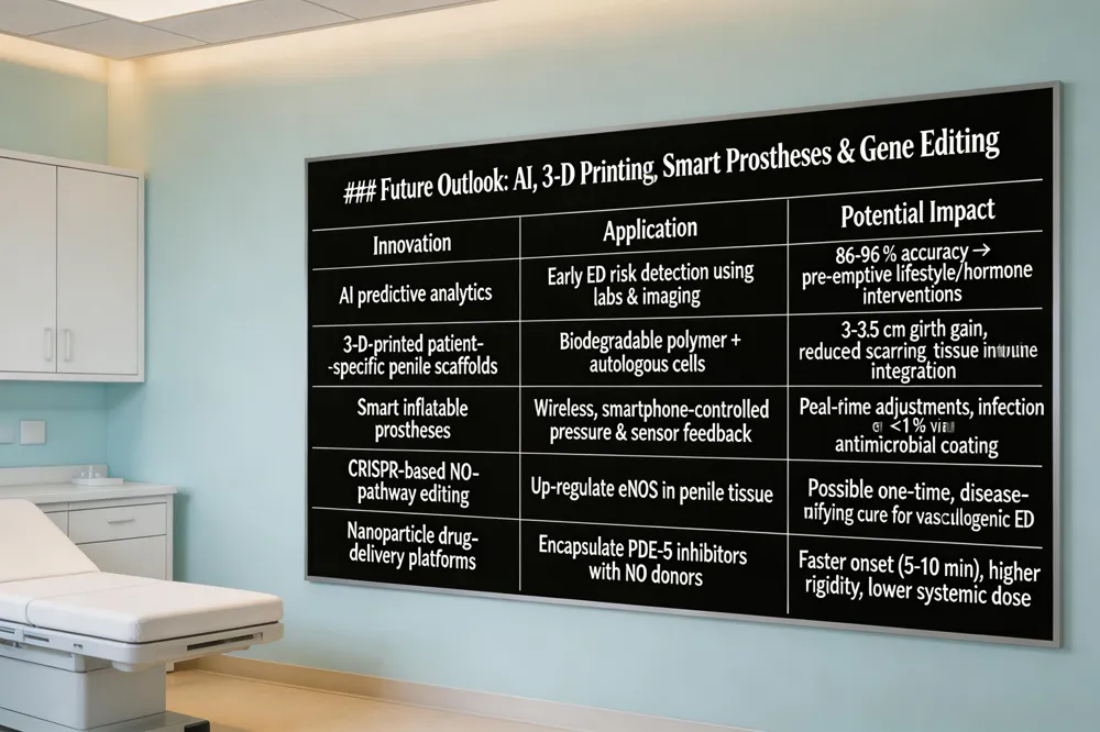 ### Future Outlook: AI, 3‑D Printing, Smart Prostheses & Gene Editing
| Innovation | Application | Potential Impact |
|---|---|---|
| AI predictive analytics | Early ED risk detection using labs & imaging | 86‑96 % accuracy → pre‑emptive lifestyle/hormone interventions |
| 3‑D‑printed patient‑specific penile scaffolds | Biodegradable polymer + autologous cells | 3‑3.5 cm girth gain, reduced scarring, tissue integration |
| Smart inflatable prostheses | Wireless, smartphone‑controlled pressure & sensor feedback | Real‑time adjustments, infection <1 % via antimicrobial coating |
| CRISPR‑based NO‑pathway editing | Up‑regulate eNOS in penile tissue | Possible one‑time, disease‑modifying cure for vasculogenic ED |
| Nanoparticle drug‑delivery platforms | Encapsulate PDE‑5 inhibitors with NO donors | Faster onset (5‑10 min), higher rigidity, lower systemic dose |
