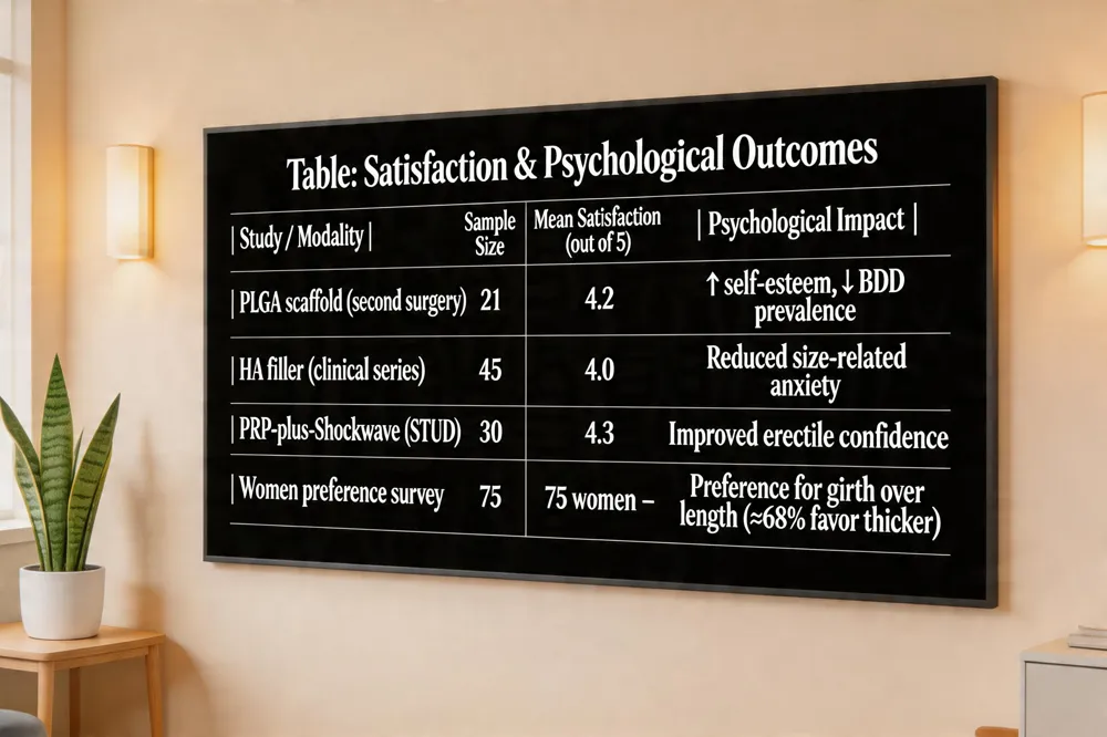 Table: Satisfaction & Psychological Outcomes
| Study / Modality | Sample Size | Mean Satisfaction (out of 5) | Psychological Impact |
|---|---|---|---|
| PLGA scaffold (second surgery) | 21 | 4.2 | ↑ self‑esteem, ↓ BDD prevalence |
| HA filler (clinical series) | 45 | 4.0 | Reduced size‑related anxiety |
| PRP‑plus‑Shockwave (STUD) | 30 | 4.3 | Improved erectile confidence |
| Women preference survey | 75 women | – | Preference for girth over length (≈68 % favor thicker) |
