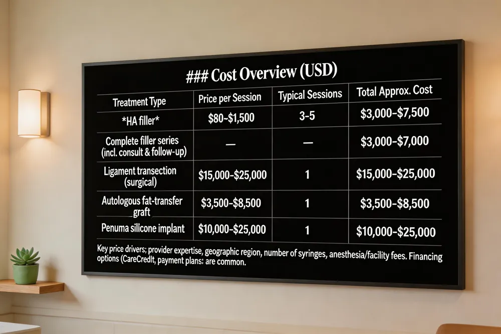### Cost Overview (USD)
| Treatment Type | Price per Session | Typical Sessions | Total Approx. Cost |
|---|---|---|---|
| HA filler | $800‑$1,500 | 3‑5 | $3,000‑$7,500 |
| Complete filler series (incl. consult & follow‑up) | — | — | $3,000‑$7,000 |
| Ligament transection (surgical) | $15,000‑$25,000 | 1 | $15,000‑$25,000 |
| Autologous fat‑transfer graft | $3,500‑$8,500 | 1 | $3,500‑$8,500 |
| Penuma silicone implant | $10,000‑$25,000 | 1 | $10,000‑$25,000 |
Key price drivers: provider expertise, geographic region, number of syringes, anesthesia/facility fees. Financing options (CareCredit, payment plans) are common.