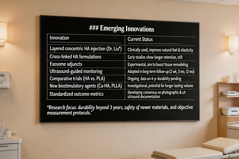 ### Emerging Innovations
| Innovation | Current Status | Potential------------|----------------| | Layered concentric HA injection (Dr. Liu) | Clinically used; improves natural feel & elasticity | | Cross‑linked HA formulations | Early studies show longer retention, still reversible | | Exosome adjuncts | Experimental; aim to boost tissue remodeling | | Ultrasound‑guided monitoring | Adopted in long‑term follow‑up (2 wk, 3 mo, 12 mo) | | Comparative trials (HA vs. PLA) | Ongoing; data on 4‑yr durability pending | | New biostimulatory agents (Ca‑HA, PLLA) | Investigational; potential for longer lasting volume | | Standardized outcome metrics | Developing consensus on photographic & ultrasound documentation |
Research focus: durability beyond 3 years, safety of newer materials, and objective measurement protocols.