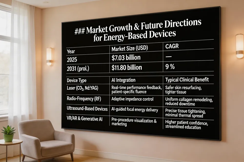 ### Market Growth & Future Directions for Energy‑Based Devices
| Year | Market Size (USD) | CAGR |
|---|---|---|
| 2025 | $7.03 billion | — |
| 2031 (proj.) | $11.80 billion | 9 % |
| Device Type | AI Integration | Typical Clinical Benefit |
|---|---|---|
| Laser (e.g., CO₂, Nd:YAG) | Real‑time performance feedback, patient‑specific fluence | Safer skin resurfacing, tighter tissue |
| Radio‑Frequency (RF) | Adaptive impedance control | Uniform collagen remodeling, reduced downtime |
| Ultrasound‑Based Devices | AI‑guided focal energy delivery | Precise tissue tightening, minimal thermal spread |
| VR/AR & Generative AI (e.g., Style3D, PiktID) | Pre‑procedure visualization & marketing | Higher patient confidence, streamlined education |
