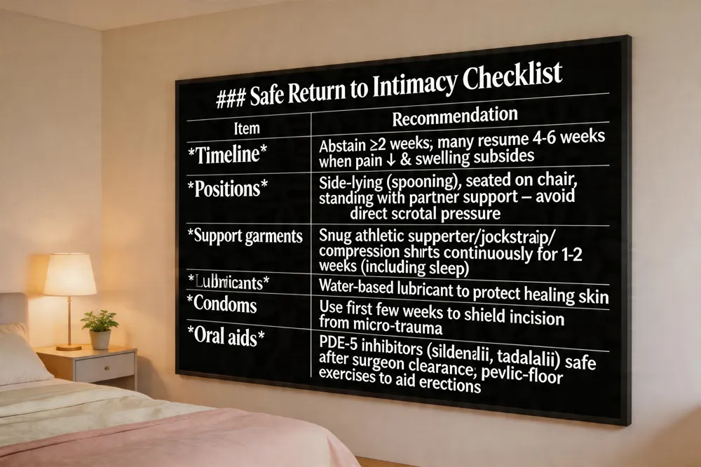 ### Safe Return to Intimacy Checklist
| Item | Recommendation |
|---|---|
| Timeline | Abstain ≥2 weeks; many resume 4‑6 weeks when pain ↓ & swelling subsides |
| Positions | Side‑lying (spooning), seated on chair, standing with partner support – avoid direct scrotal pressure |
| Support garments | Snug athletic supporter/jockstrap/ compression shorts continuously for 1‑2 weeks (including sleep) |
| Lubricants | Water‑based lubricant to protect healing skin |
| Condoms | Use first few weeks to shield incision from micro‑trauma |
| Oral aids | PDE‑5 inhibitors (sildenafil, tadalafil) safe after surgeon clearance; pelvic‑floor exercises to aid erections |
