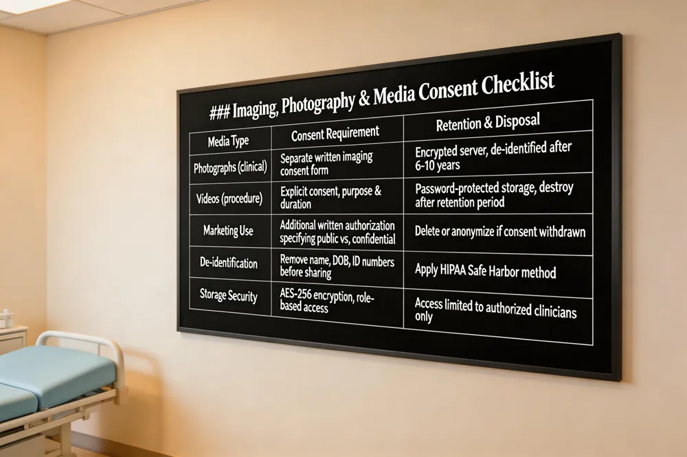 ### Imaging, Photography & Media Consent Checklist
| Media Type | Consent Requirement | Retention & Disposal |
|---|---|---|
| Photographs (clinical) | Separate written imaging consent form | Encrypted server, de‑identified after 6‑10 years |
| Videos (procedure) | Explicit consent, purpose & duration | Password‑protected storage, destroy after retention period |
| Marketing Use | Additional written authorization specifying public vs. confidential | Delete or anonymize if consent withdrawn |
| De‑identification | Remove name, DOB, ID numbers before sharing | Apply HIPAA Safe Harbor method |
| Storage Security | AES‑256 encryption, role‑based access | Access limited to authorized clinicians only |

