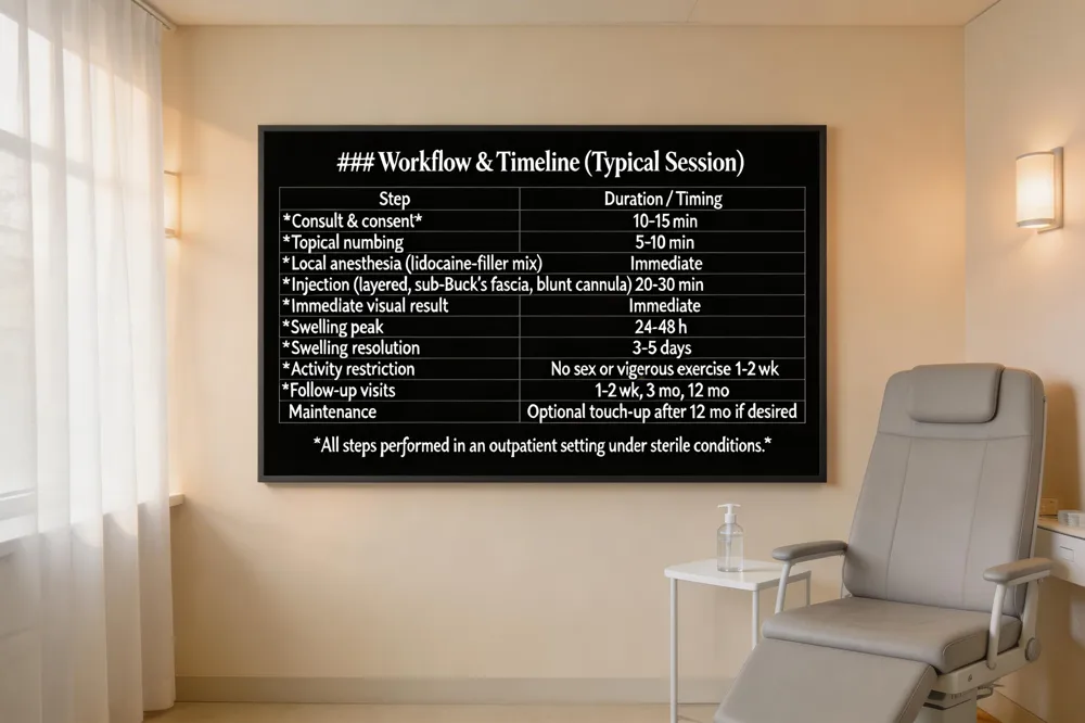 ### Workflow & Timeline (Typical Session)
| Step | Duration / Timing |
|---|---|
| Consult & consent | 10‑15 min |
| Topical numbing | 5‑10 min |
| Local anesthesia (lidocaine‑filler mix) | Immediate |
| Injection (layered, sub‑Buck’s fascia, blunt cannula) | 20‑30 min |
| Immediate visual result | Immediate |
| Swelling peak | 24‑48 h |
| Swelling resolution | 3‑5 days |
| Activity restriction | No sex or vigorous exercise 1‑2 wk |
| Follow‑up visits | 1‑2 wk, 3 mo, 12 mo |
| Maintenance | Optional touch‑up after 12 mo if desired |
All steps performed in an outpatient setting under sterile conditions.
