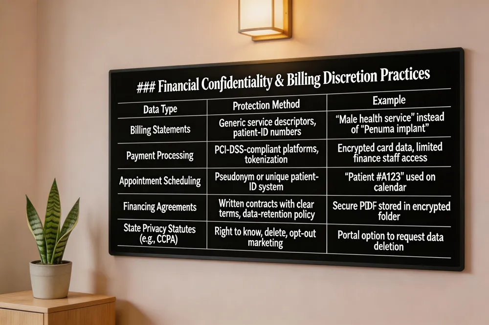 ### Financial Confidentiality & Billing Discretion Practices
| Data Type | Protection Method | Example |
|---|---|---|
| Billing Statements | Generic service descriptors, patient‑ID numbers | "Male health service" instead of "Penuma implant" |
| Payment Processing | PCI‑DSS‑compliant platforms, tokenization | Encrypted card data, limited finance staff access |
| Appointment Scheduling | Pseudonym or unique patient‑ID system | "Patient #A123" used on calendar |
| Financing Agreements | Written contracts with clear terms, data‑retention policy | Secure PDF stored in encrypted folder |
| State Privacy Statutes (e.g., CCPA) | Right to know, delete, opt‑out of marketing | Portal option to request data deletion |

