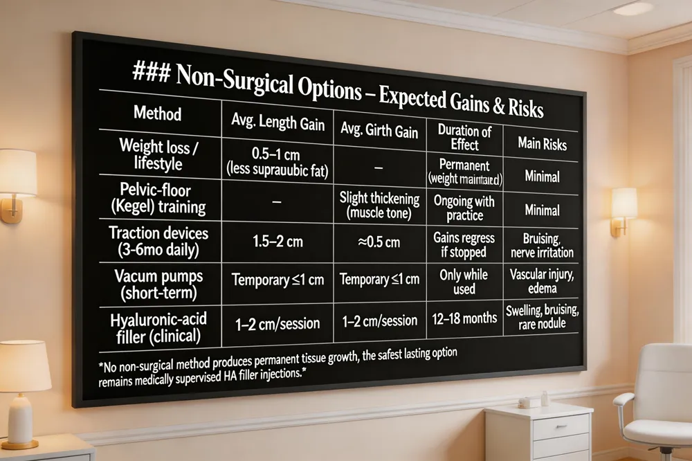 ### Non‑Surgical Options – Expected Gains & Risks
| Method | Avg. Length Gain | Avg. Girth Gain | Duration of Effect | Main Risks |
|---|---|---|---|---|
| Weight loss / lifestyle | 0.5–1 cm (due to less suprapubic fat) | – | Permanent if weight maintained | Minimal |
| Pelvic‑floor (Kegel) training | – | Slight visual thickening (muscle tone) | Ongoing with practice | Minimal |
| Traction devices (3‑6 mo daily) | 1.5–2 cm | Minor (≈0.5 cm) | Requires continuous use; gains may regress if stopped | Bruising, nerve irritation, tissue overstretch |
| Vacuum pumps (short‑term) | Temporary flaccid stretch (≤1 cm) | Temporary girth expansion (≤1 cm) | Only while device is used | Vascular injury, edema |
| Hyaluronic‑acid filler (clinical) | 1–2 cm per session | 1–2 cm per session | 12–18 months (reversible) | Swelling, bruising, rare nodule |
No non‑surgical method produces permanent tissue growth; the safest lasting option remains medically supervised HA filler injections.