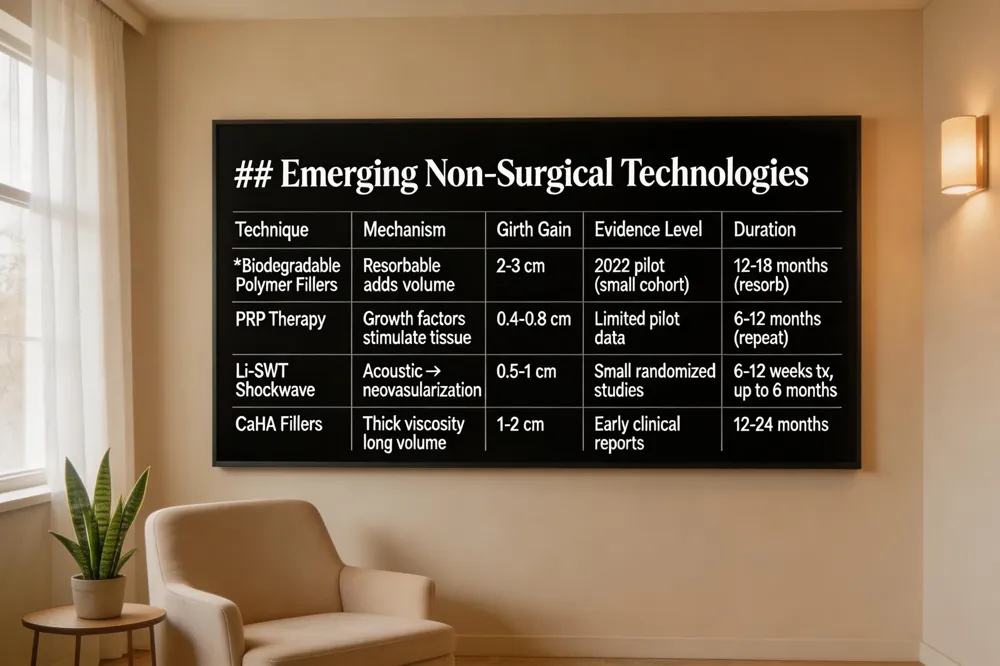 ### Emerging Non‑Surgical Technologies
| Technique | Mechanism | Reported Girth Gain | Evidence Level | Duration of Effect |
|---|---|---|---|---|
| Biodegradable Polymer Fillers | Resorbable polymer matrix adds volume | 2‑3 cm | 2022 pilot trial (small cohort) | 12‑18 months (resorb) |
| PRP Therapy | Autologous growth factors stimulate tissue | 0.4‑0.8 cm | Limited pilot data | 6‑12 months (requires repeat) |
| Low‑Intensity Shockwave (Li‑SWT) | Acoustic energy → neovascularization | 0.5‑1 cm | Small randomized studies | 6‑12 weeks of treatment, lasting up to 6 months |
| Calcium Hydroxylapatite (CaHA) Fillers | Thick‑viscosity filler for longer volume retention | 1‑2 cm | Early clinical reports | 12‑24 months (longer than HA) |
